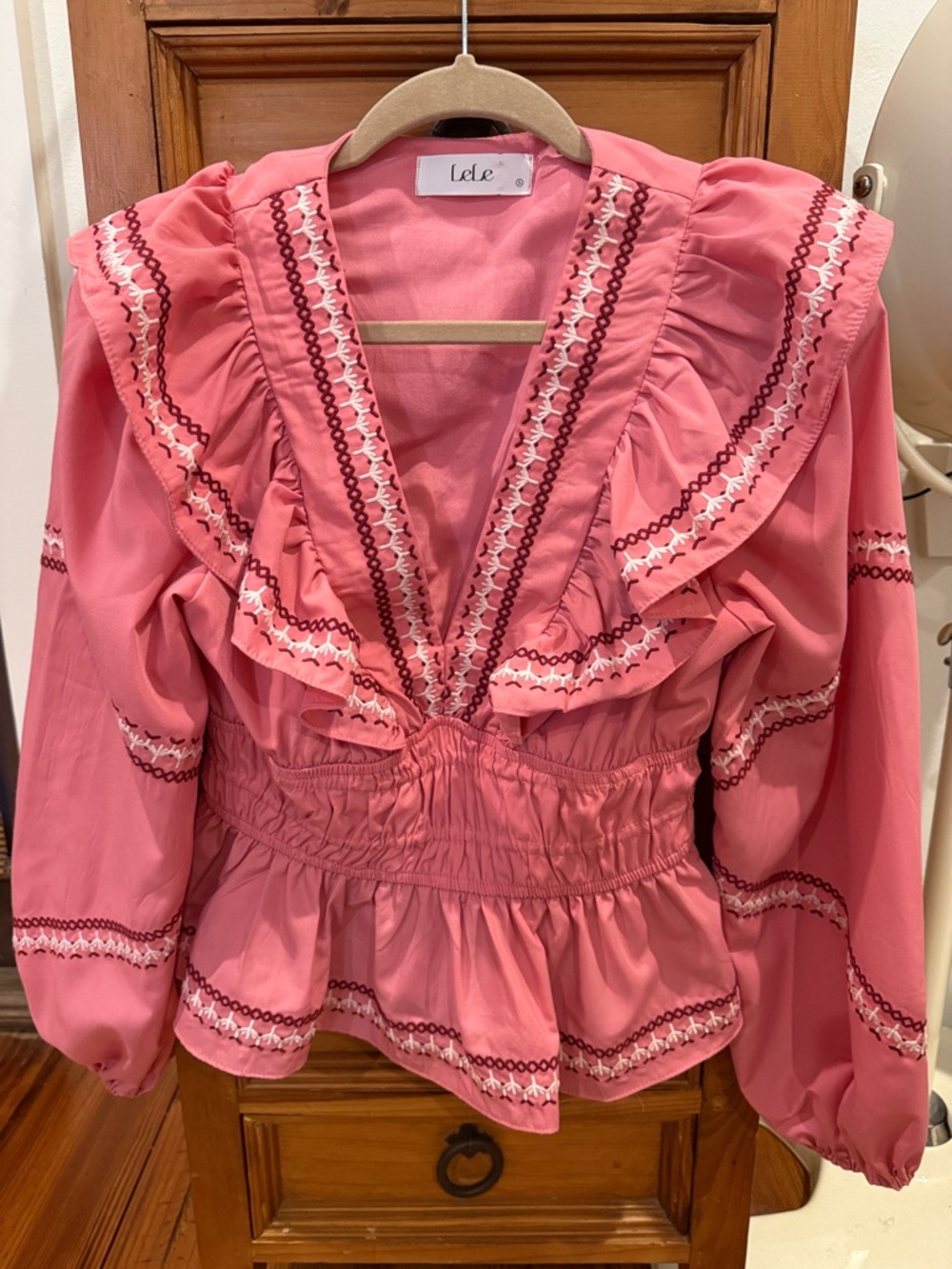 Pink Ruffle-Trim Smocked Waist Blouse
